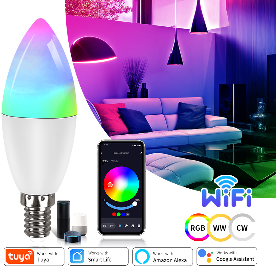 Tuya Smart WiFi LED Bulb E14 Candle Lamps 5W 7W 9W 220V Dimmable RGB Lamp APP Smart Voice Control Alexa Assistant Home