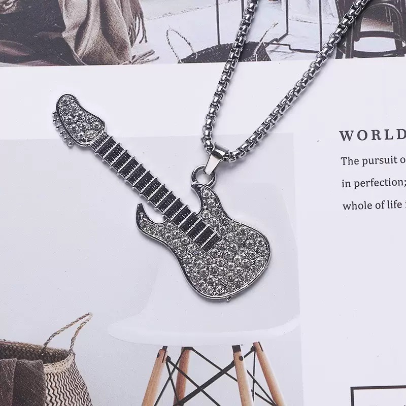 Fashion jewelry full of diamonds guitar stainless steel pendant necklace party men's and women's same hip-hop style lucky