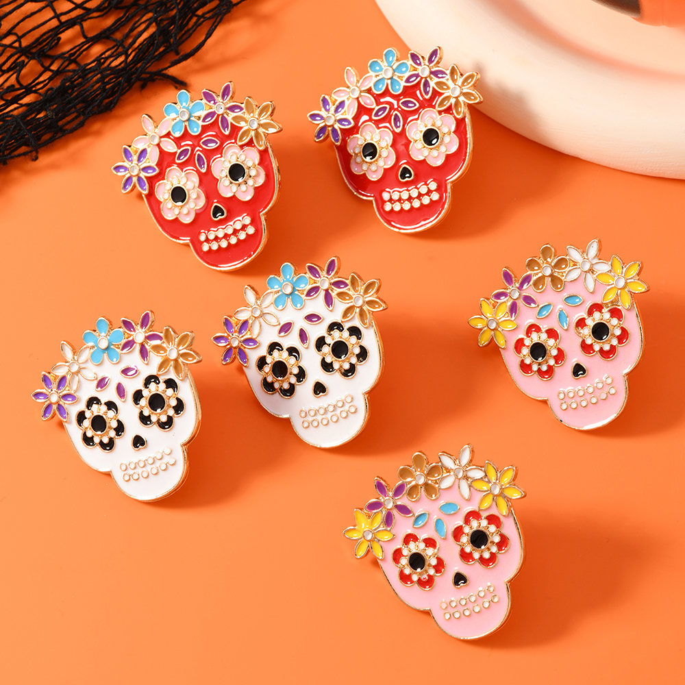 Creative New Day of the Dead Cute Flower Skull Earrings Personalized Drip Oil Design Halloween Skull Earrings Available in Multi
