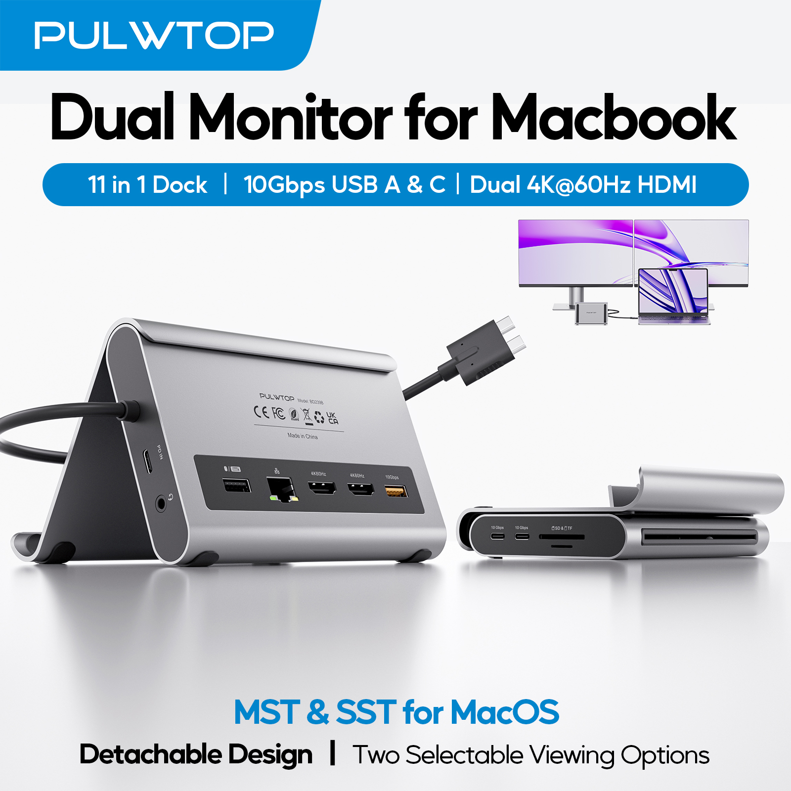 PULWTOP Dual-USB C Mac Laptop Docking Station with USB 2.0, SD/TF Vertical Dock Stand for MacBook Pro Air M3 M4 M5