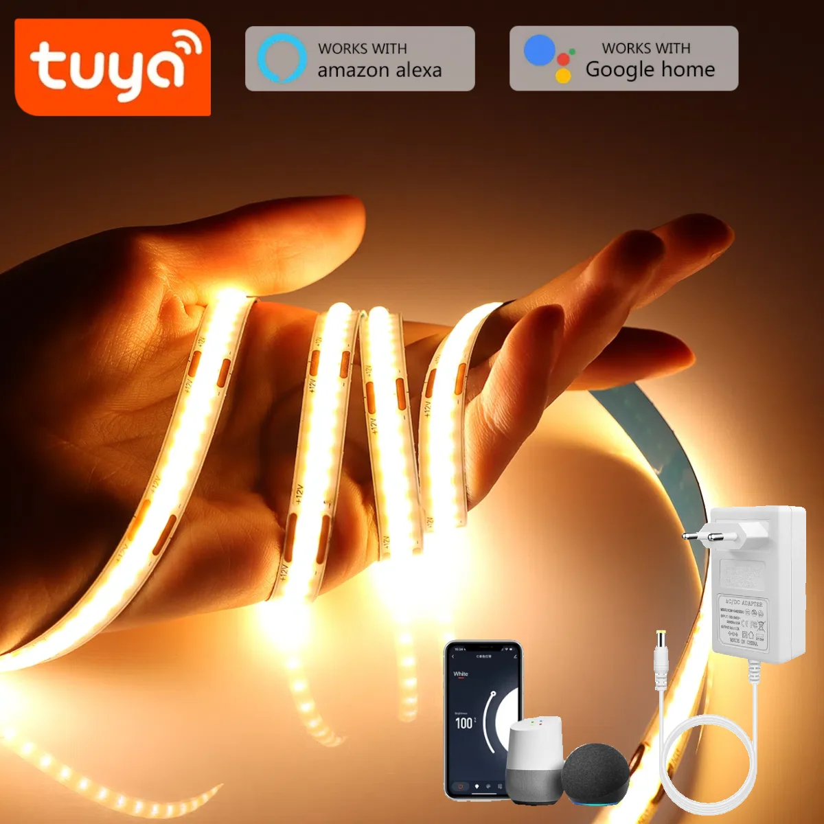 1M-10M TUYA Smart WiFi COB Strip Light 320LEDs/M DC24V RA90 Work With Alexa Google Home Echo Plug APP Voice Control Home Decor lightify