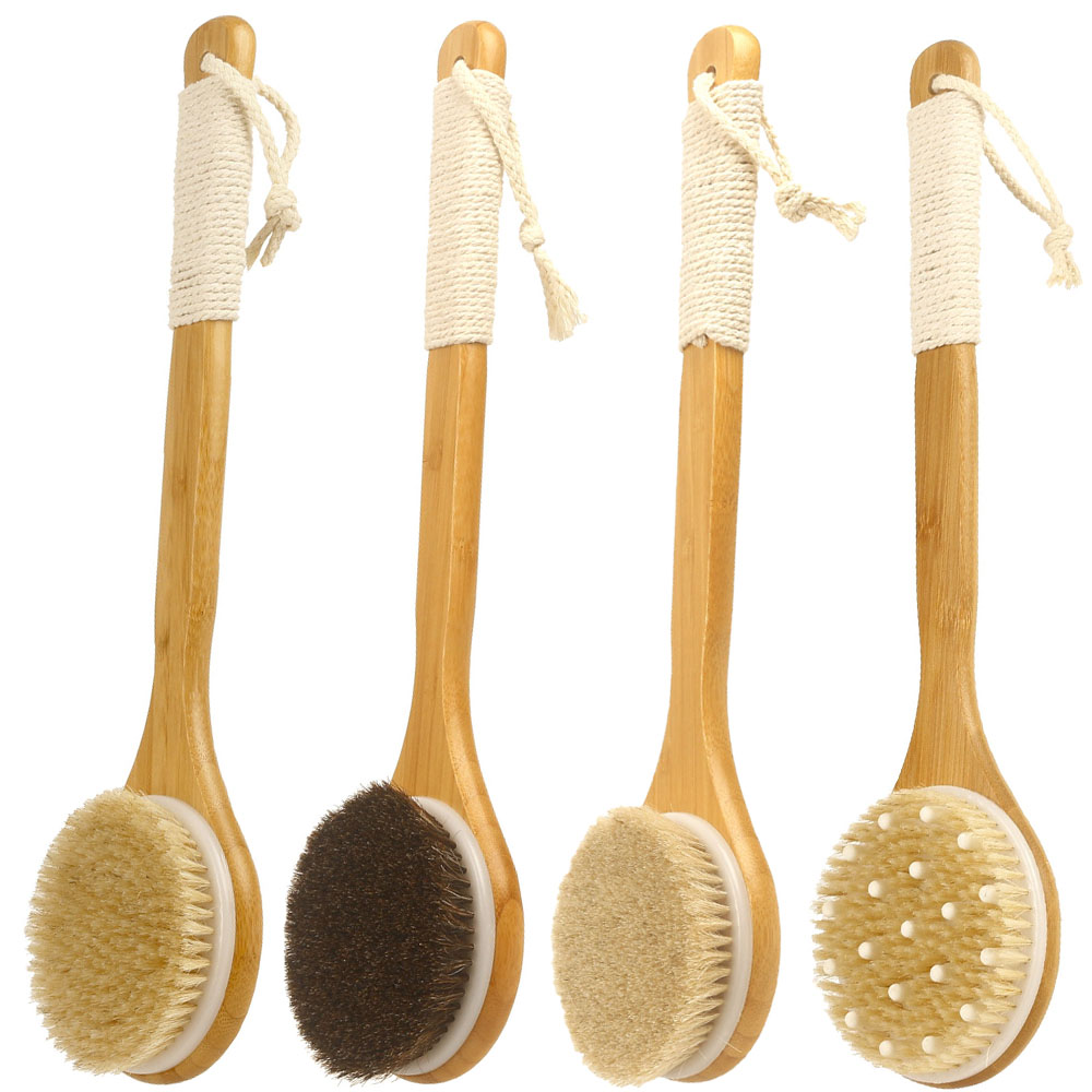 Wooden Bath Brush with Bristles Long Handle for Shower Back Scrubber Body Exfoliator, Hanging