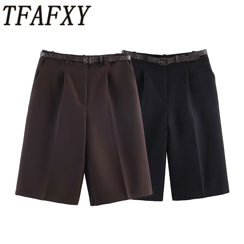 TFAFXY 2026 Spring Women Fashion Long Style Casual Shorts Vintage High Waist With Belt Shorts Summer Female Holiday Shorts