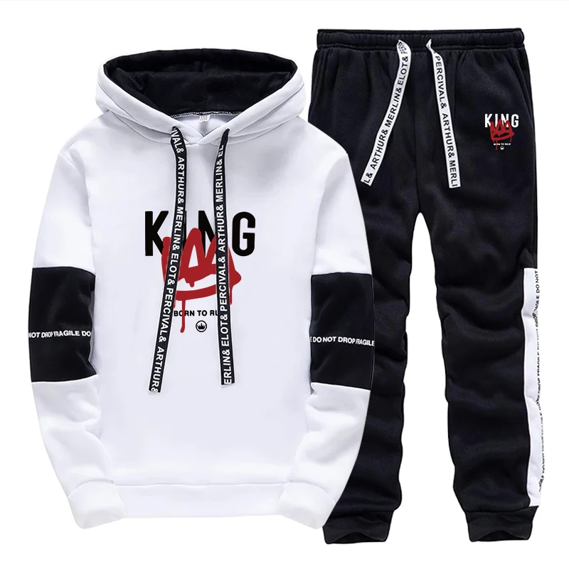 King Printing Mens Tracksuit Casual Sweatshirt Sweatpants 2 Pcs Set Sports Jogging Mens Clothing Splash-ink Hoodies Suit Street