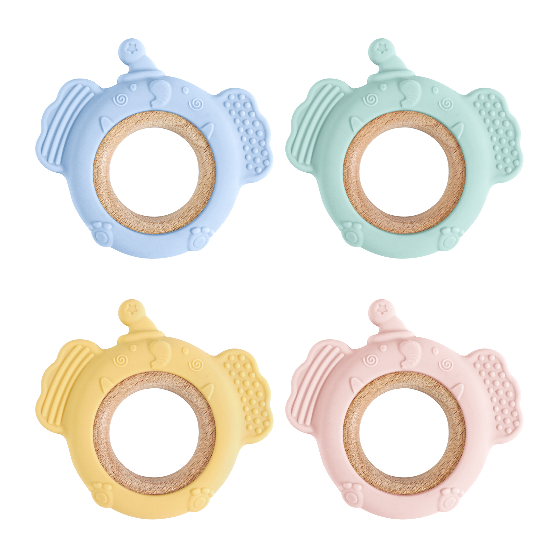 1pc Cartoon Elephant Baby Teether Silicone & Wooden Teething Toy Food Grade Safe with Wooden Ring for Infants Teething