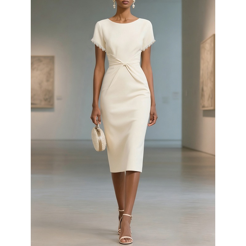 Women's Solid Color Pearl Dresses 2026 Summer Round Neck Short Sleeve Twisted Knot Waist Elegant Evening Party Dress 196966
