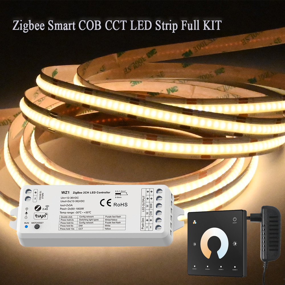 Zigbee Smart COB CCT Led Strip Full Kit SMD COB Dimmable Strip 2.4G RF Touch Panel Remote APP Control for Alexa Assistant
