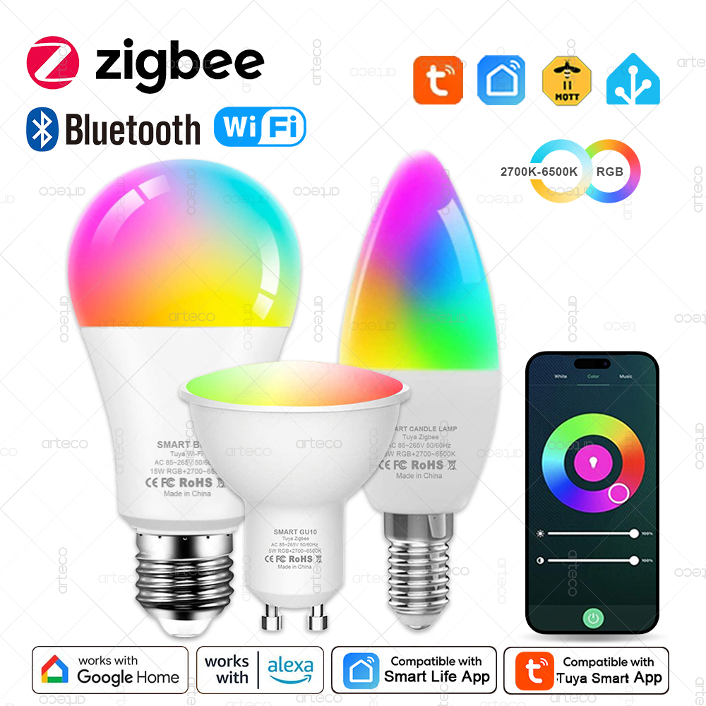 TNCE Tuya E27 Bulb WIFI Zigbee Bluetooth, Dimmable Light LED lamp 2700-6500k RGB,Smart Life APP, Voice with Alexa Home