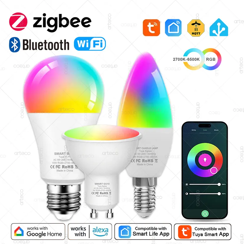 TNCE Tuya E27 Bulb WIFI Zigbee Bluetooth, Dimmable Light LED lamp 2700-6500K RGB,Smart Life APP, Voice with Alexa Home
