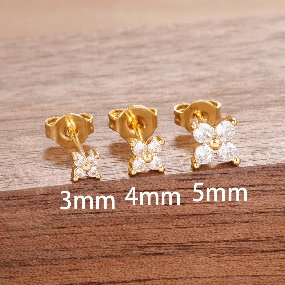 French Design 3PCS Four Leaf Grass Stud Earrings Sets For Women Earring Cute Zircon 3/4/5MM Gold Color Romantic Jewelry