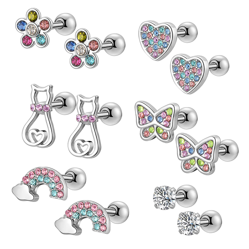 EVISPOL 1-6 Pairs Hypoallergenic Screwback Stud Earrings for Women 316L Stainless Steel Cute CZ Screw Back Earring Studs Set 20G