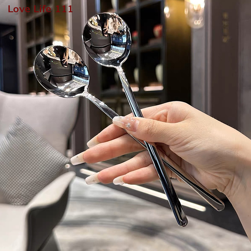 New Stainless Steel Spoon Korean Long Handle Tableware Thicken Stirring Ice Spoon Meal Spoon Household Dinner Spoon