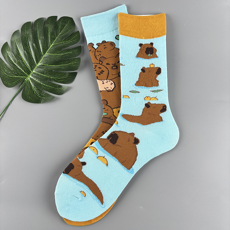 1 pair Healing Capybara Cartoon Mid-Calf Socks, Cute Animal Print Trendy Socks, Fresh Color-Block Versatile Socks