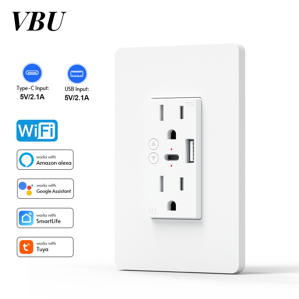 VBU WiFi Smart Wall Socket with USB Type-C 5V 2100mA, Dual Plug Power Wall Outlets Voice Control Work with Alexa Home