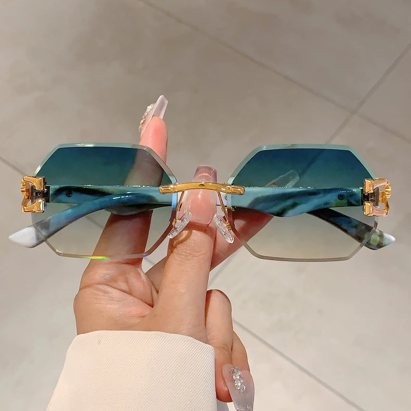 2026 New Vintage Rimless Polygon Shades Luxury Brand Gradient Women's Sunglasses Fashion Leopard Decor Travelling Sun Glasses