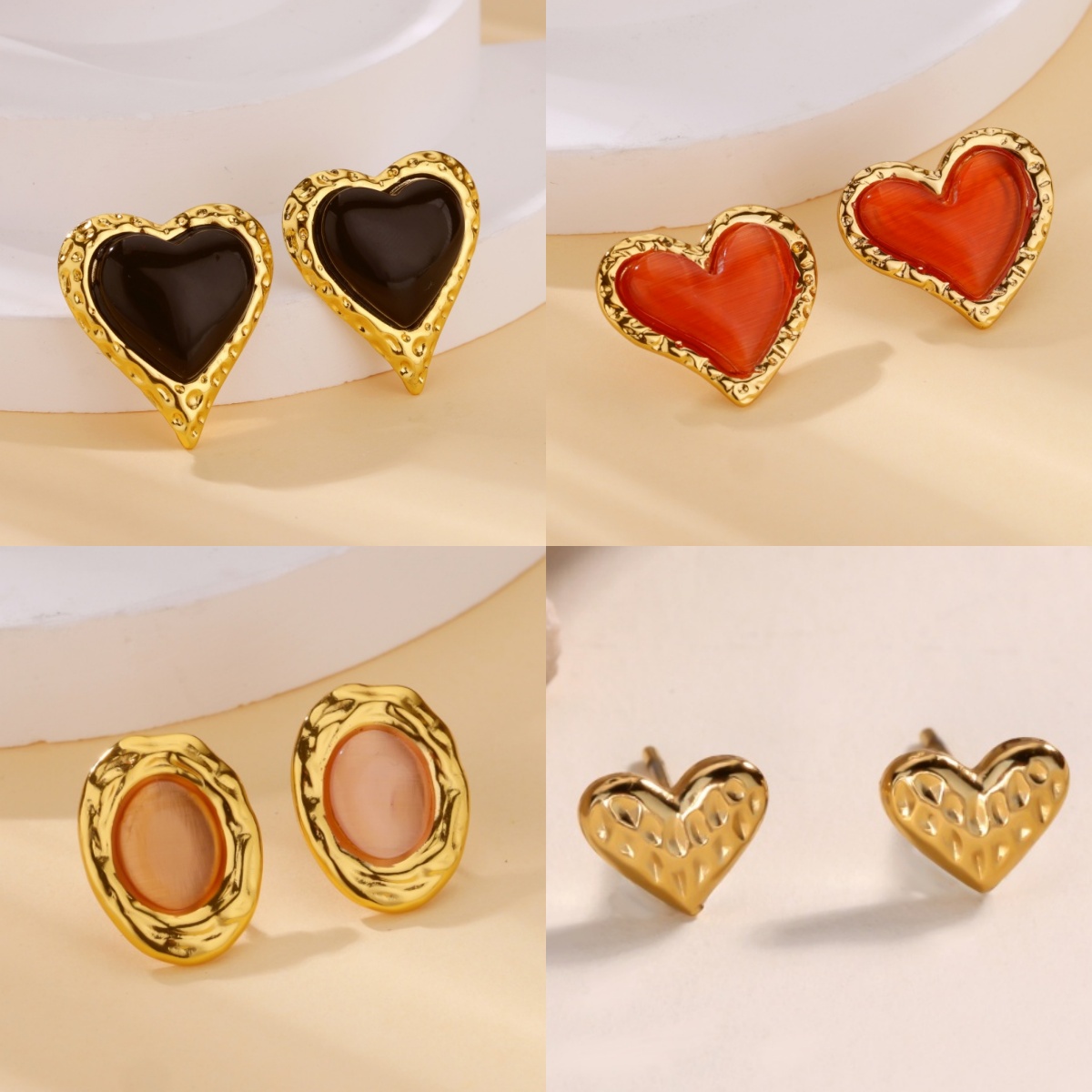 Vintage Heart Zirconia Women's Stud Earrings Stainless Steel 18K Gold Plated Daily Wear Jewelry
