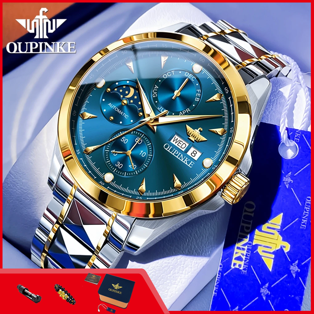 OUPINKE 3299 Automatic Man Watch Exclusive Dual Calendar Luxury Mechanical Wristwatches Moon Phase Waterproof Chronogprah Watch