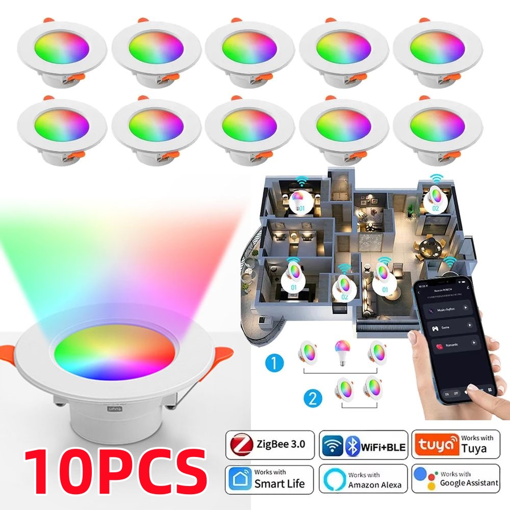 1-10PCS Tuya Bluetooth Smart Downlight Full Color Dimmable LED Ceiling Recessed Down Light Bluetooth Control Spotlight 10W