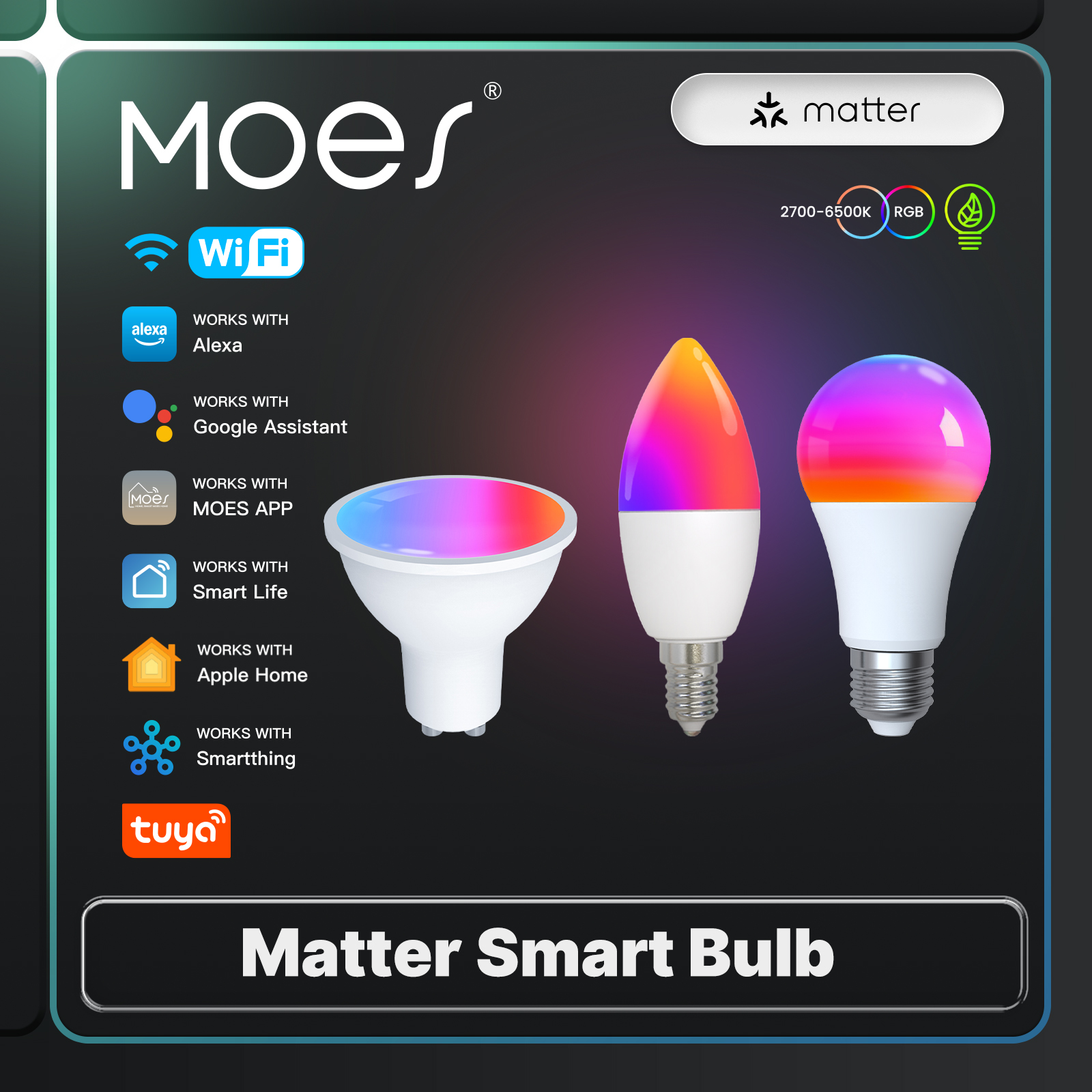 MOES Tuya Matter WiFi Smart Bulb GU10/E27/E14 Dimmable Led Light Candle Lamp 16 Million RGB C+W Colors Support Alexa Home