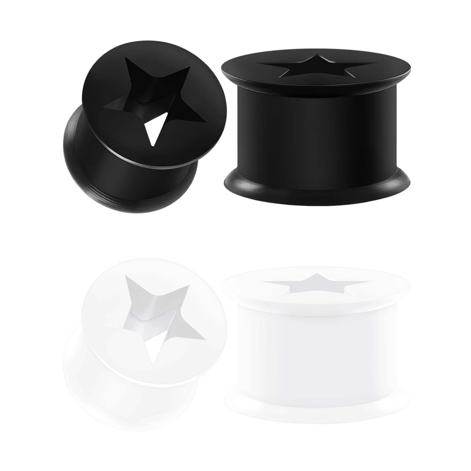 2 Pairs Silicone Black White Star Double Flared Saddle Piercing Jewelry Ear Stretcher Plugs Flesh Tunnel Earring Lobe 4-26mm