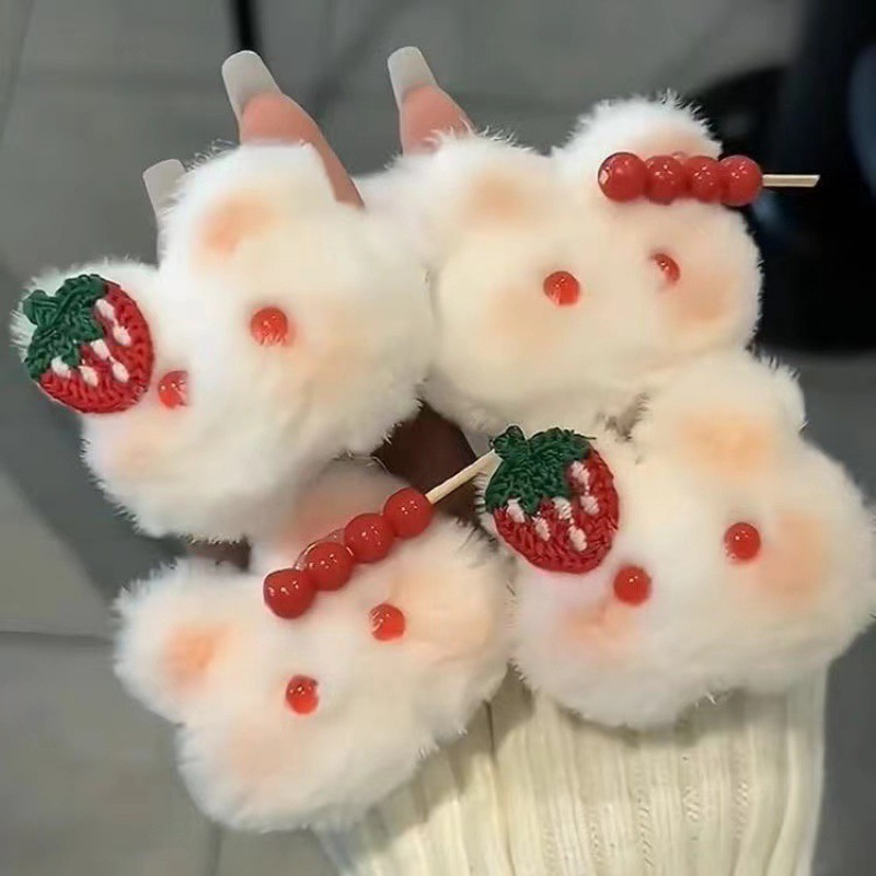 1pc Bingtanghulu strawberry bunny hairpin plush clip cute powder blusher rabbit hairpin autumn and winter hair accessories