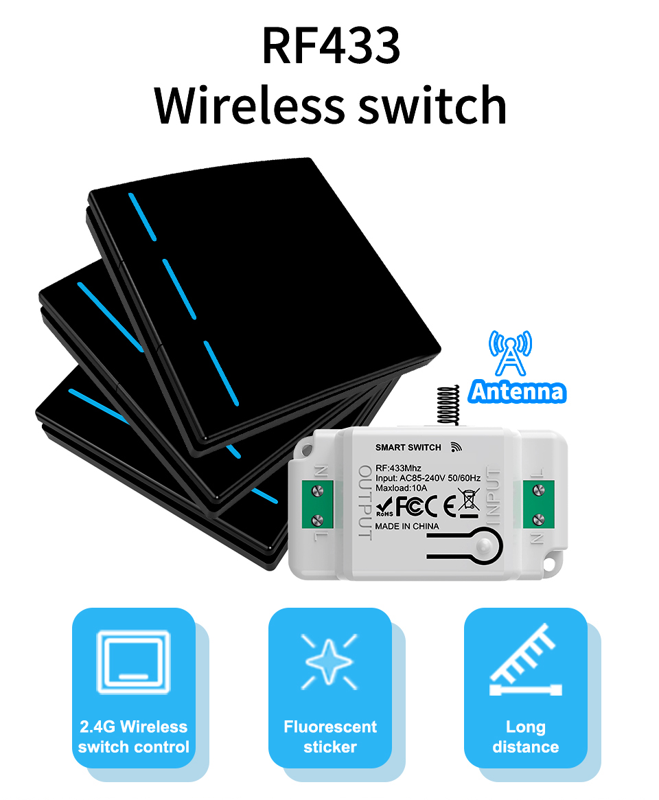 Wireless Smart Light Switch, No Wiring Remote Control Switch, One-Touch Control, LED Indicator, Long Battery Life