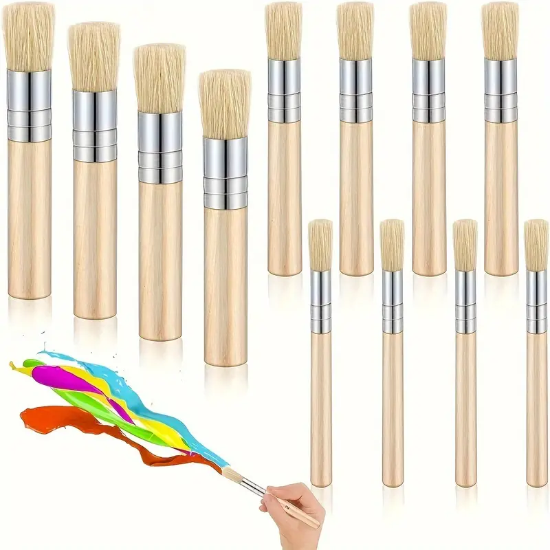 12pcs Natural Bristle Wooden Stencil Brushes Set for Acrylic, Oil, Watercolor Painting, Art Projects, DIY Crafts