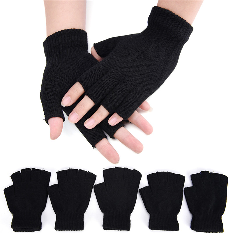 1 Pair Chic Men Black Knitted Stretch Elastic Warm Half Finger Fingerless Gloves Winter