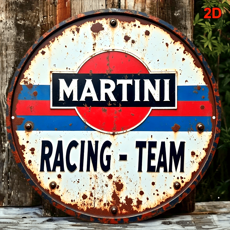 2D flat 1pc circular Martini racing team retro wooden wall logo, red, blue and white stripes, suitable for garage, men's cave