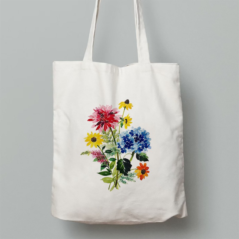Women's White Canvas Shoulder Bag with Watercolor Flower Print Colorful Floral Pattern Casual Tote Handbag for Daily Shopping
