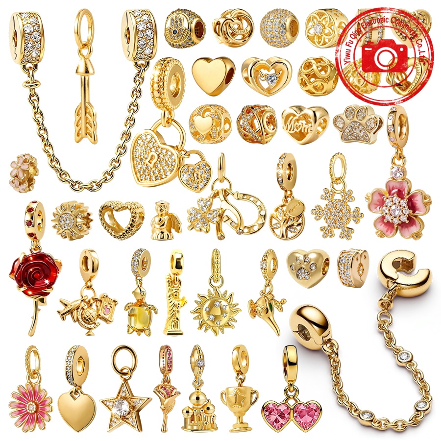Sparkling Golden Charms DIY Jewelry Love Letter Triple Clear Stone Safety Chain Heart & Flower Beads Fit Original Bracelets