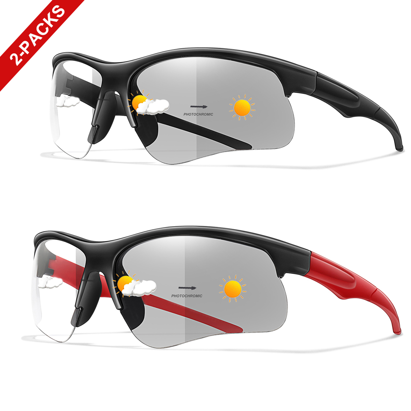 2 Pairs Fashion Photochromic Sunglasses for Men and Women Sports Outdoor Eyewear Camping Hiking Driving Glasses UV400