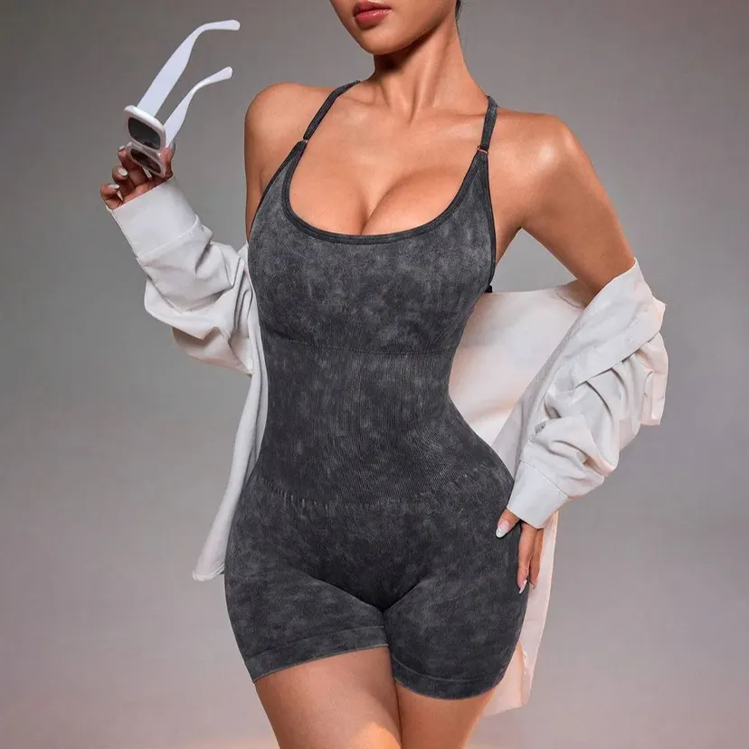 Distressed Washed Yoga Bodysuit for Women - Seamless No Panty Line Strappy Dance Leotard, Vintage Soft Workout Unitard for Gym