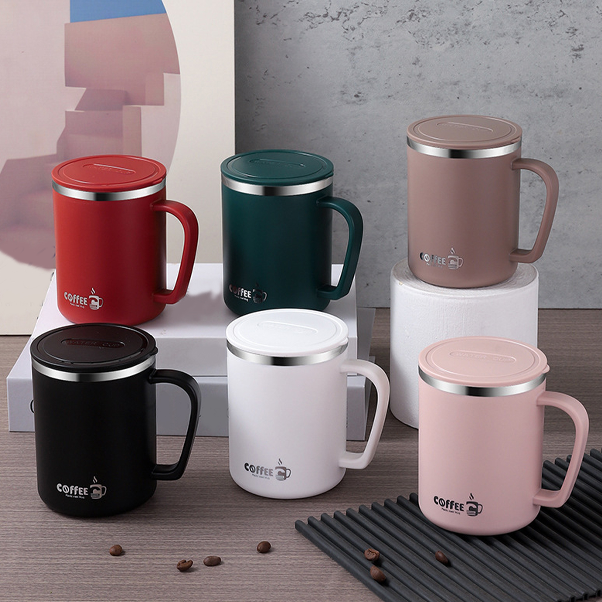 WORTHBUY Coffee Mug With Lid&Handle 304 Stainless Steel Tea Milk Coffee Cup Double Wall Insulated Anti Scalding Drinking Cup
