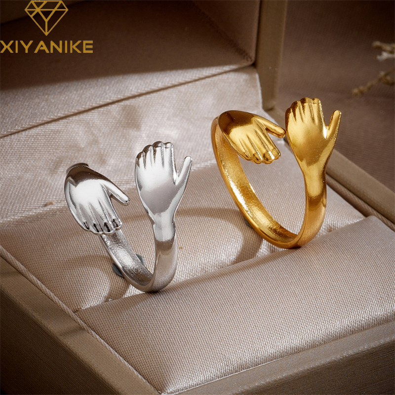 XIYANIKE 316L Stainless Steel Rings Hands Hug Opening for Woman Couple Simple Creative Trendy Design Punk Gifts Birthday Jewelry pen gpt