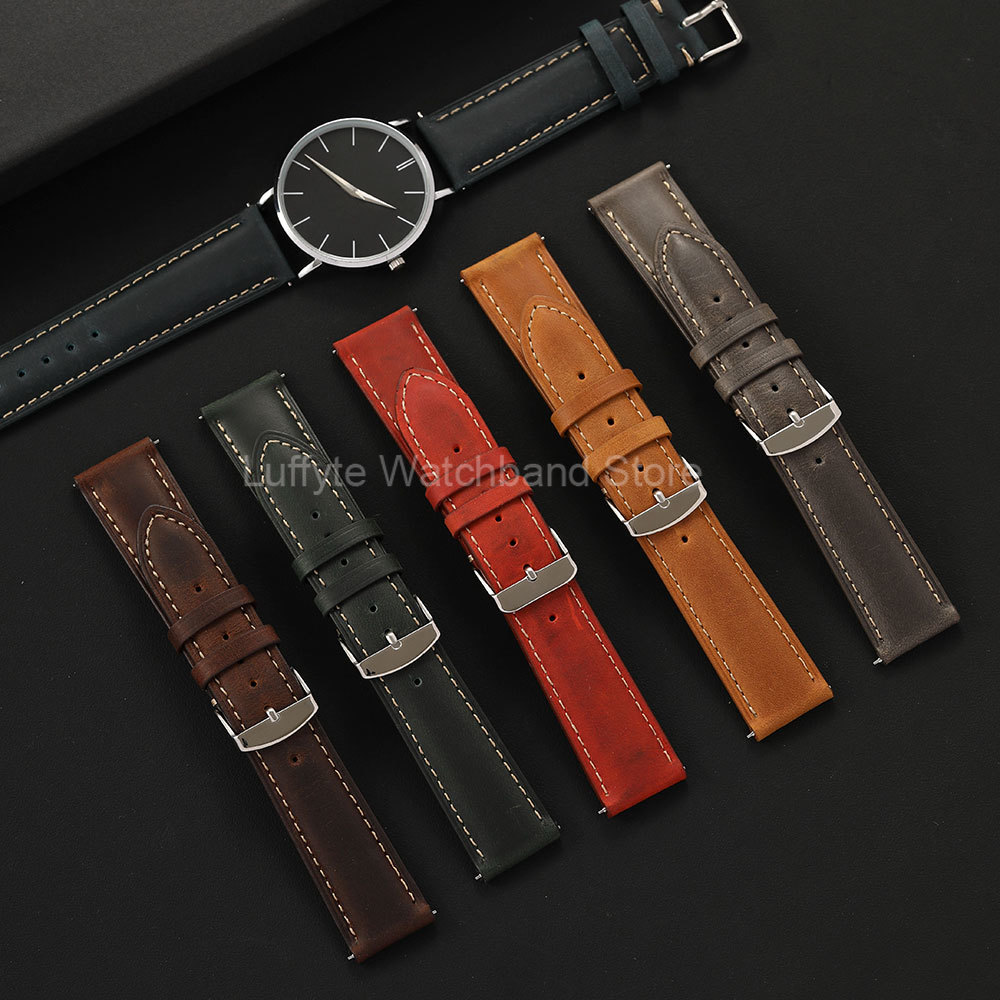 Premium Vintage Crazy Horse Leather Watch Strap for Men Quick-Release Butterfly Deployment Buckle 18/20/22mm Sizes