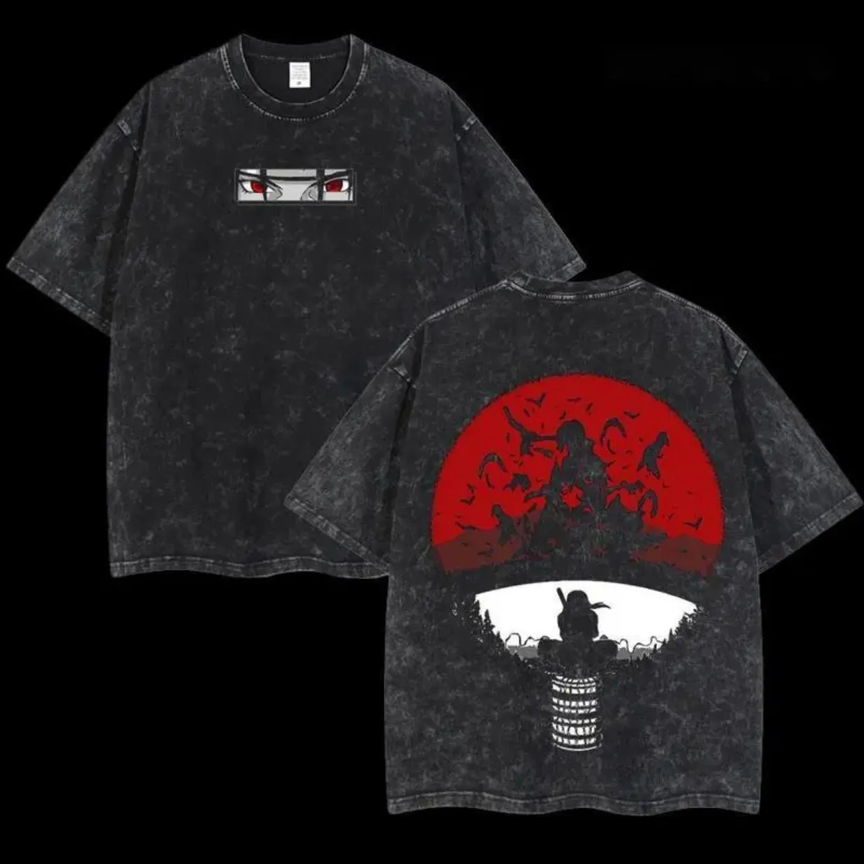 Naruto Itachi Uchiha T Shirt Sharingan Red Vintage Acid Wash Streetwear Oversized Retro Anime Graphic Cotton Men Tees Top