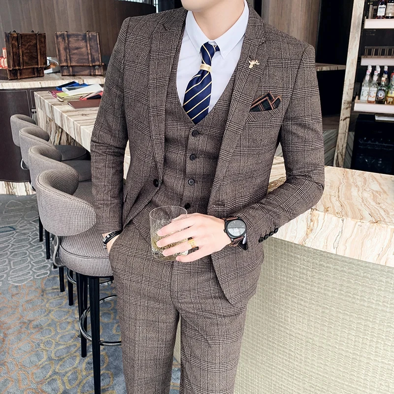 EUR Size Suit (Jacket+Vest+Pants) Boutique Lattice Formal Business Mens Suit 3pcs Set Groom Wedding Dress Plaid Suit Show Stage