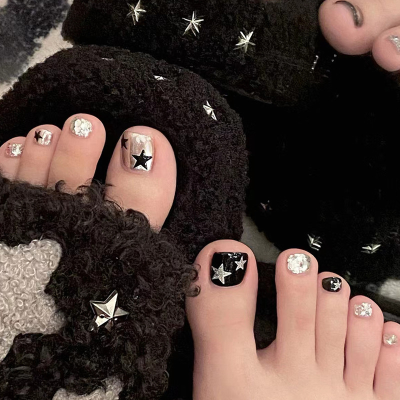 24Pcs Square Black Short Coverage Press On Nails Silver Stripe Fake Nails Reusable False Nail Shinne Star Wear Nails