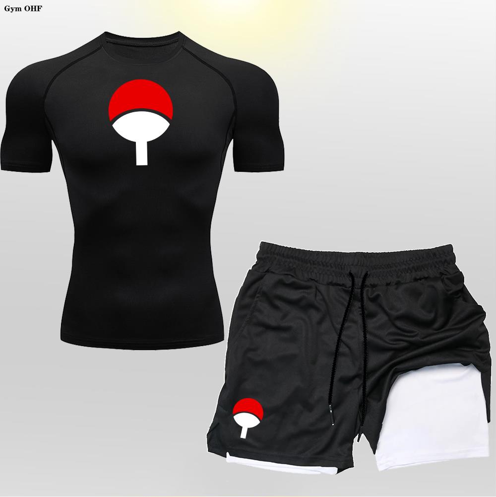 Anime 2 in 1 Shorts Men's Set Compression T Shirt Sportswear Suits Gym Training Clothes Jogging Sports Running Tracksuit Men