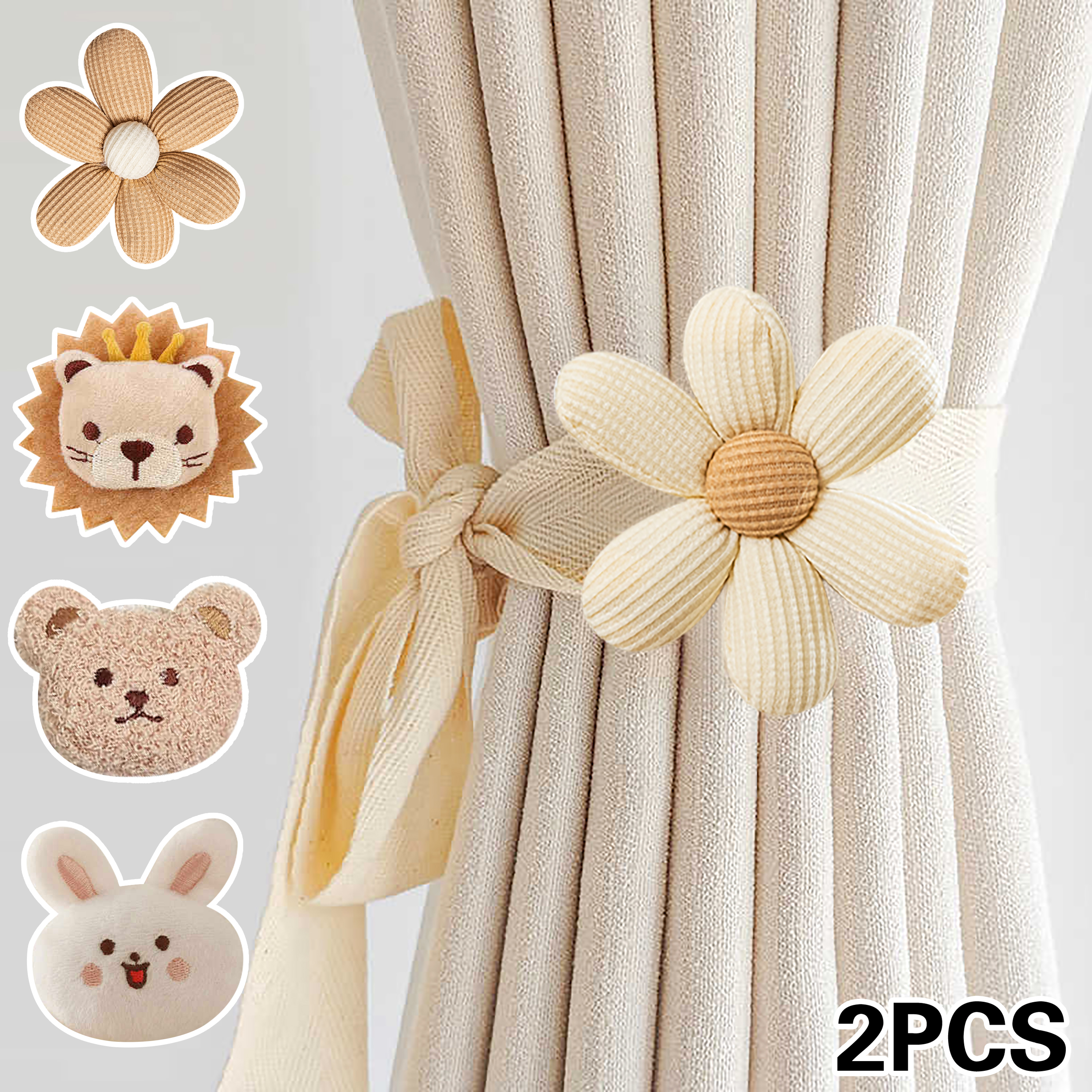 2pcs Cartoon Animal Curtain Tie Rods, 3D Cubic Creative Flower and Animal Designs Curtain Fixer ，Add Warm Feeling to Your Home
