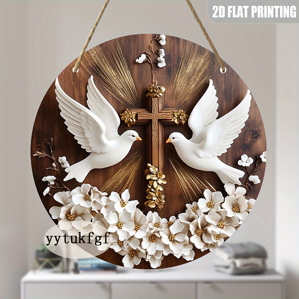 2D Flat Surface, 1pc Elegant Divine Blessing Symbol- 2D Flat Wooden Round Hanging Ornament, Golden Cross and White Dove Floral D