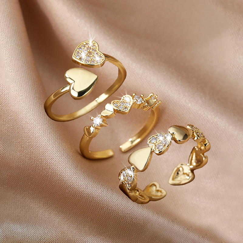 1pc Simple Double Heart Ring Women's Copper Zirconia Open Ring, Couple's Birthday Gift Jewelry Wedding Love Jewelry