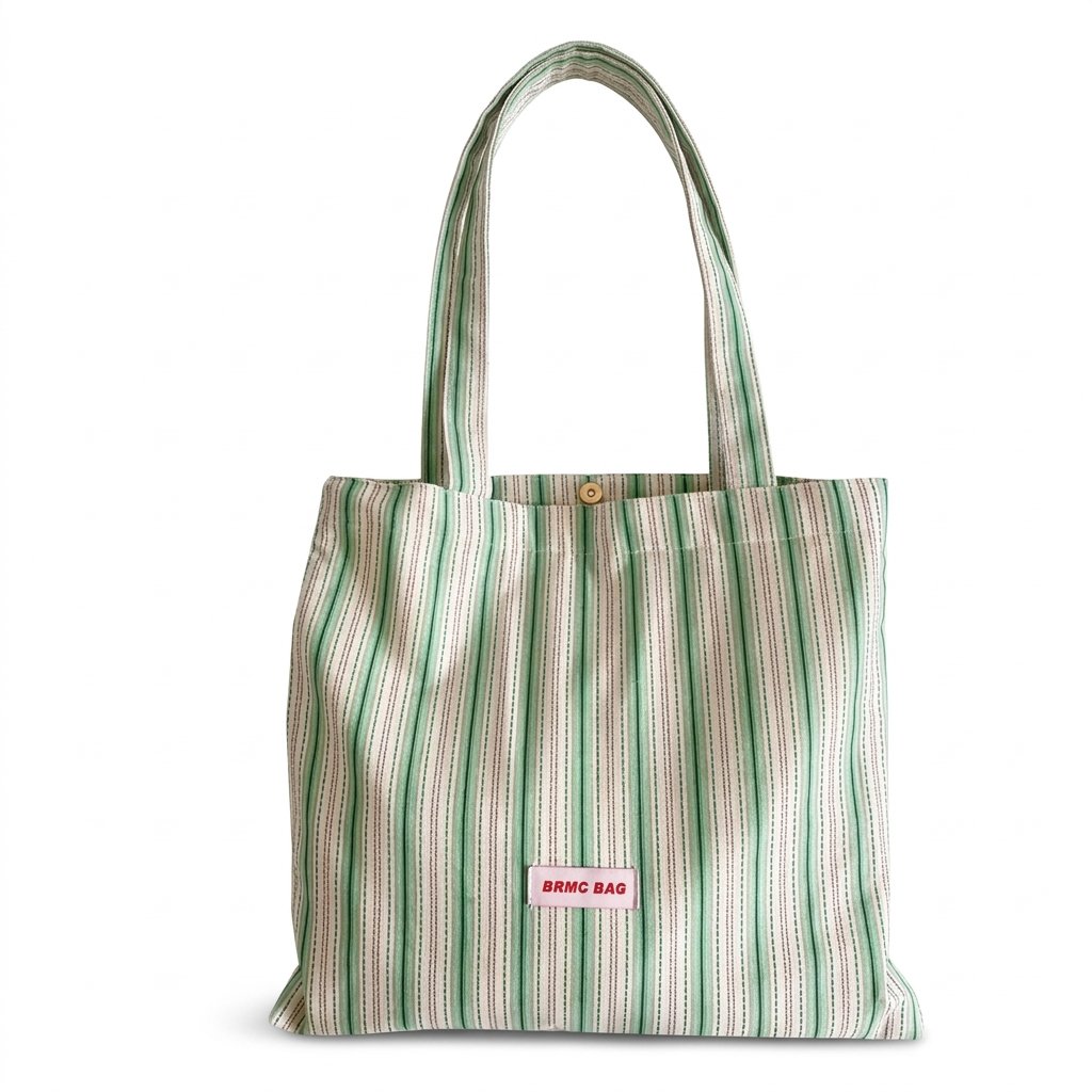 Women Green White Striped Canvas Tote Bag Casual Large Capacity Shoulder Bag with Snap Button for Daily Commute Shopping Travel