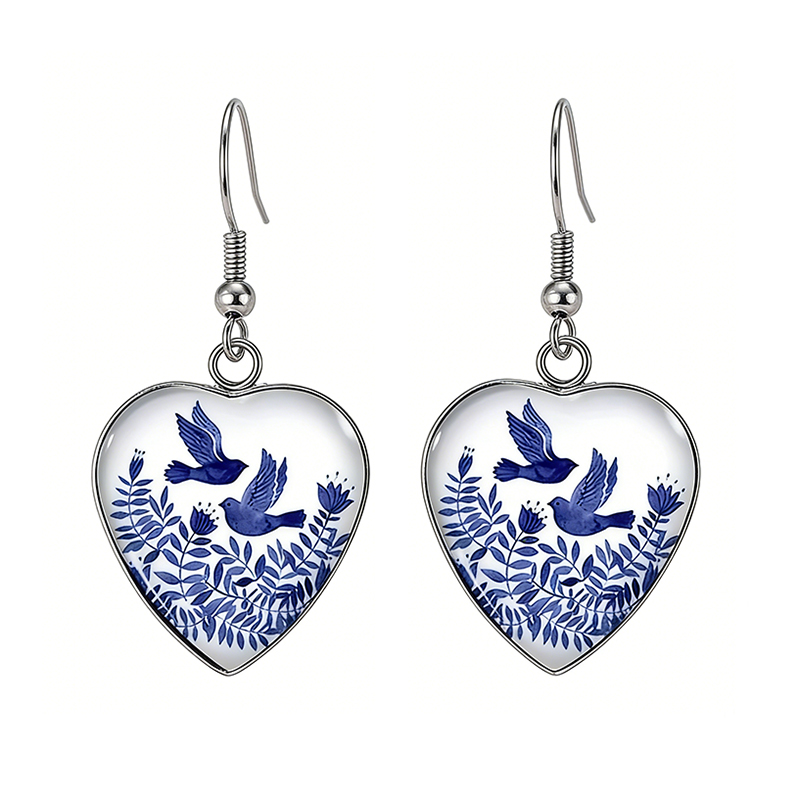 Fashion Blue Magpie Bird Flowers Earrings Retro Silver Color Stainless Steel Glass Heart Dangle Earrings For Women