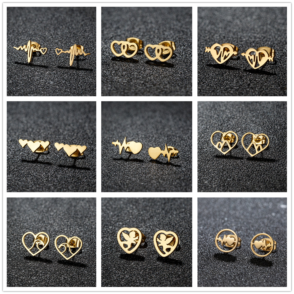 Heart Wave Stud Earrings gold color Stainless Steel Heartbeat Stethoscope Earings Women Doctor Accessories Jewelry