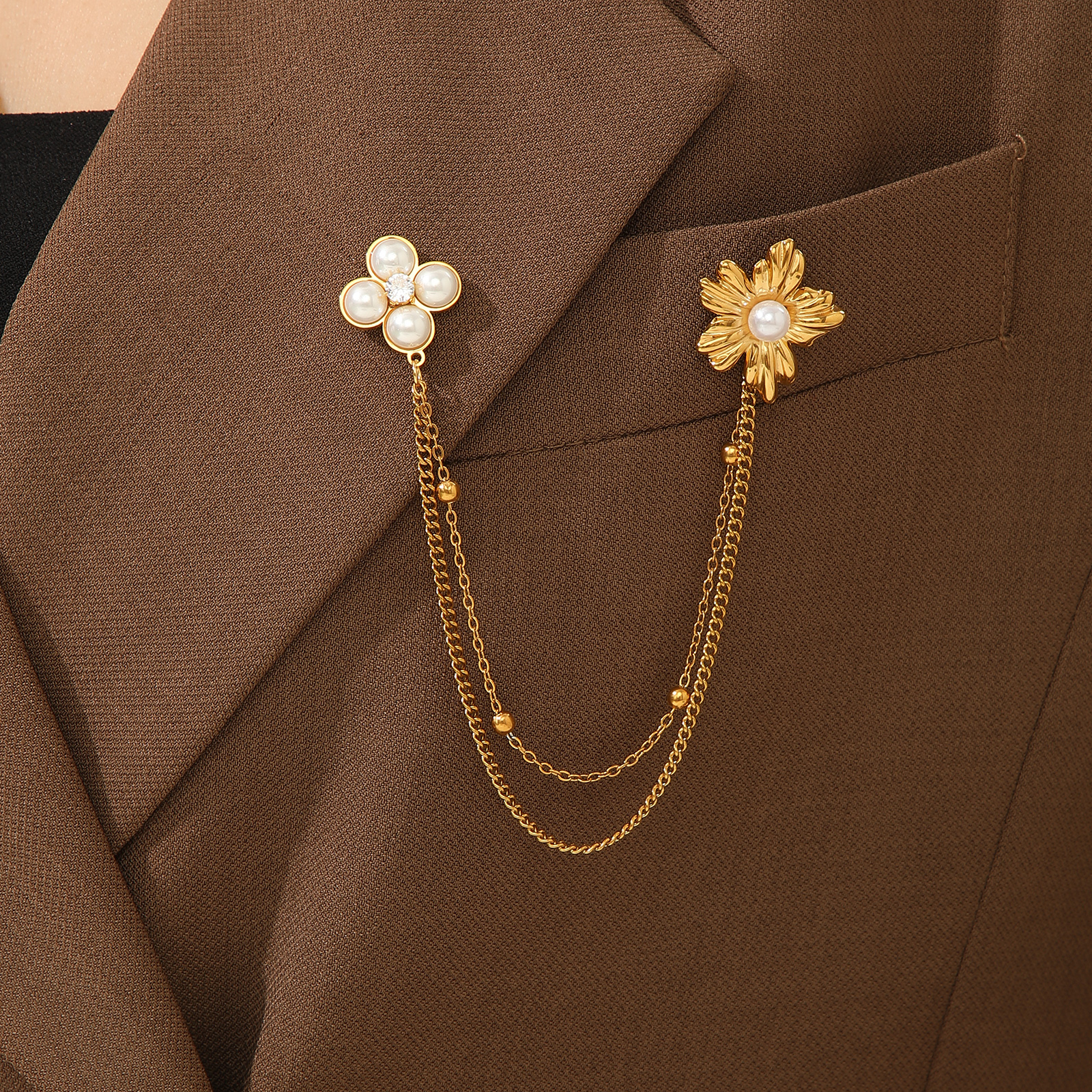 Kissmoon Gold Color Beads Flower Tassel Brooch for Women Stainless Steel Exquisite Multi-Element Bowknot Brooch Pin Jewelry