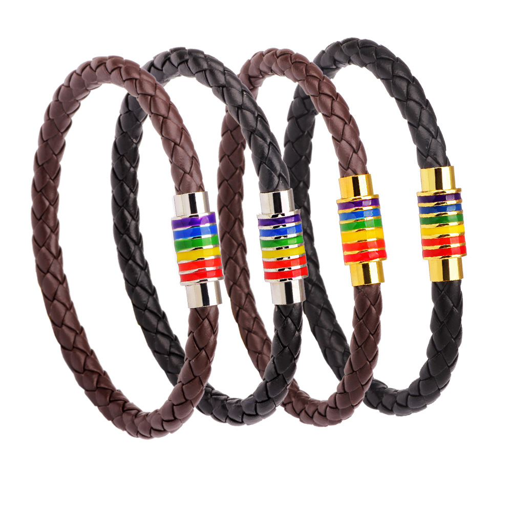 St.kunkka Black Brown Genuine Braided Leather Bracelet Women Men Stainless Steel Gay Pride Rainbow Magnetic Charms Bracelet