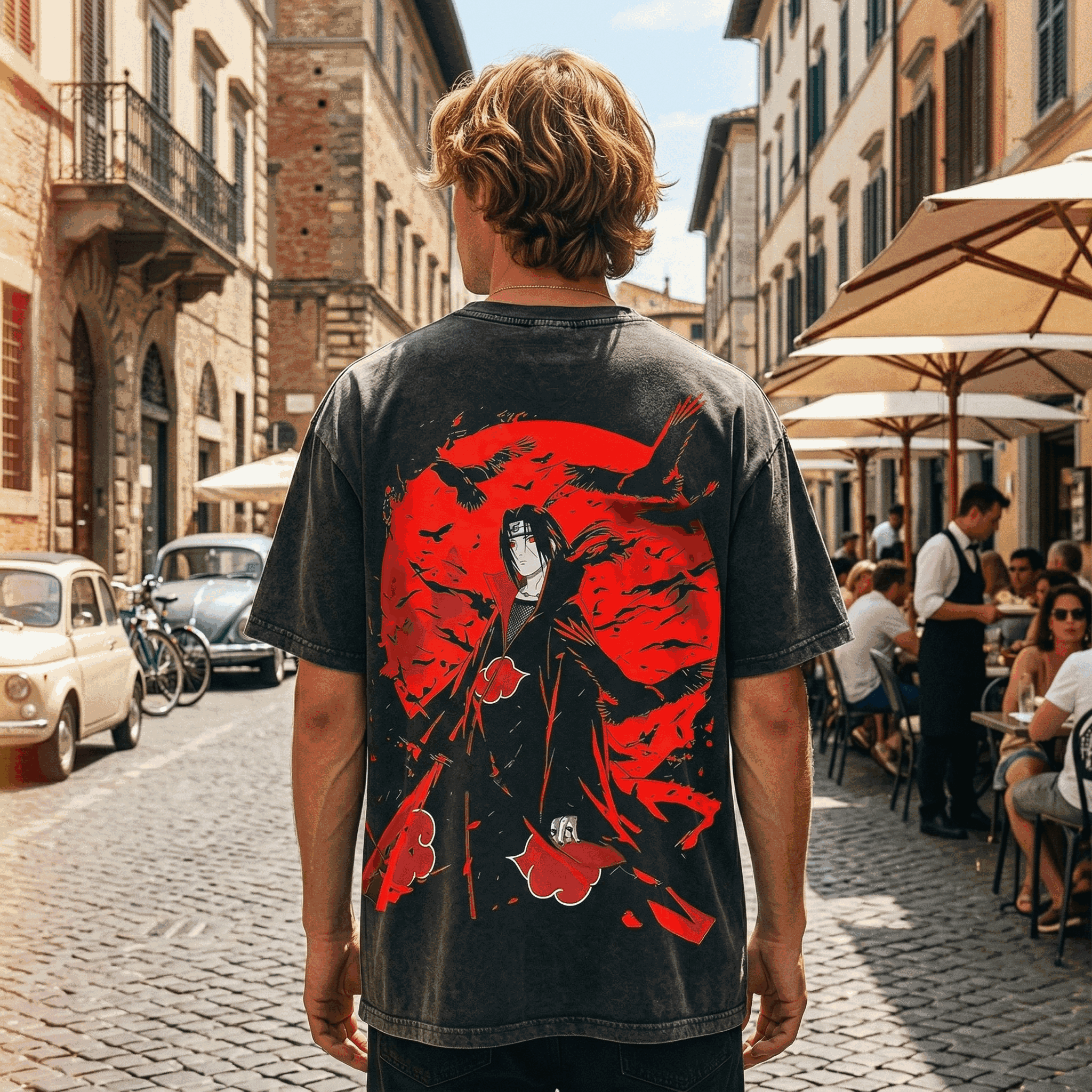 Itachi Uchiha Naruto Akatsuki Vintage Washed Cotton Oversized T-Shirt Men Streetwear Crow Graphic Manga Tee