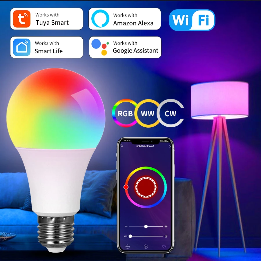 Tuya Smart WiFi LED Light Bulbs 220V 110V 10W 15W 20W E27 Alexa LED Lamp RGB Smart Life APP Assisatnt Voice Control lightify